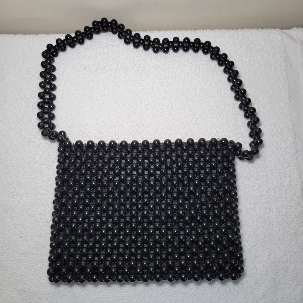 Lady Ellen Vintage Black Beaded Evening Bag Clutch British Hong Kong Zipper 60s
